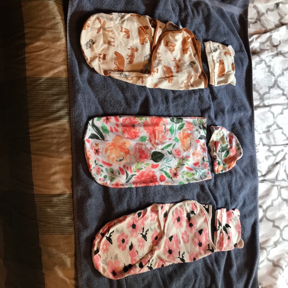 Bundle of 3 Baby Swaddle Sets- Floral and Animal Print With matching hats